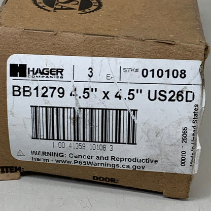 HAGER (3 Pack) Hinge 5 Knuckle Steel 4.5"x4.5" Satin Chrome BB1279