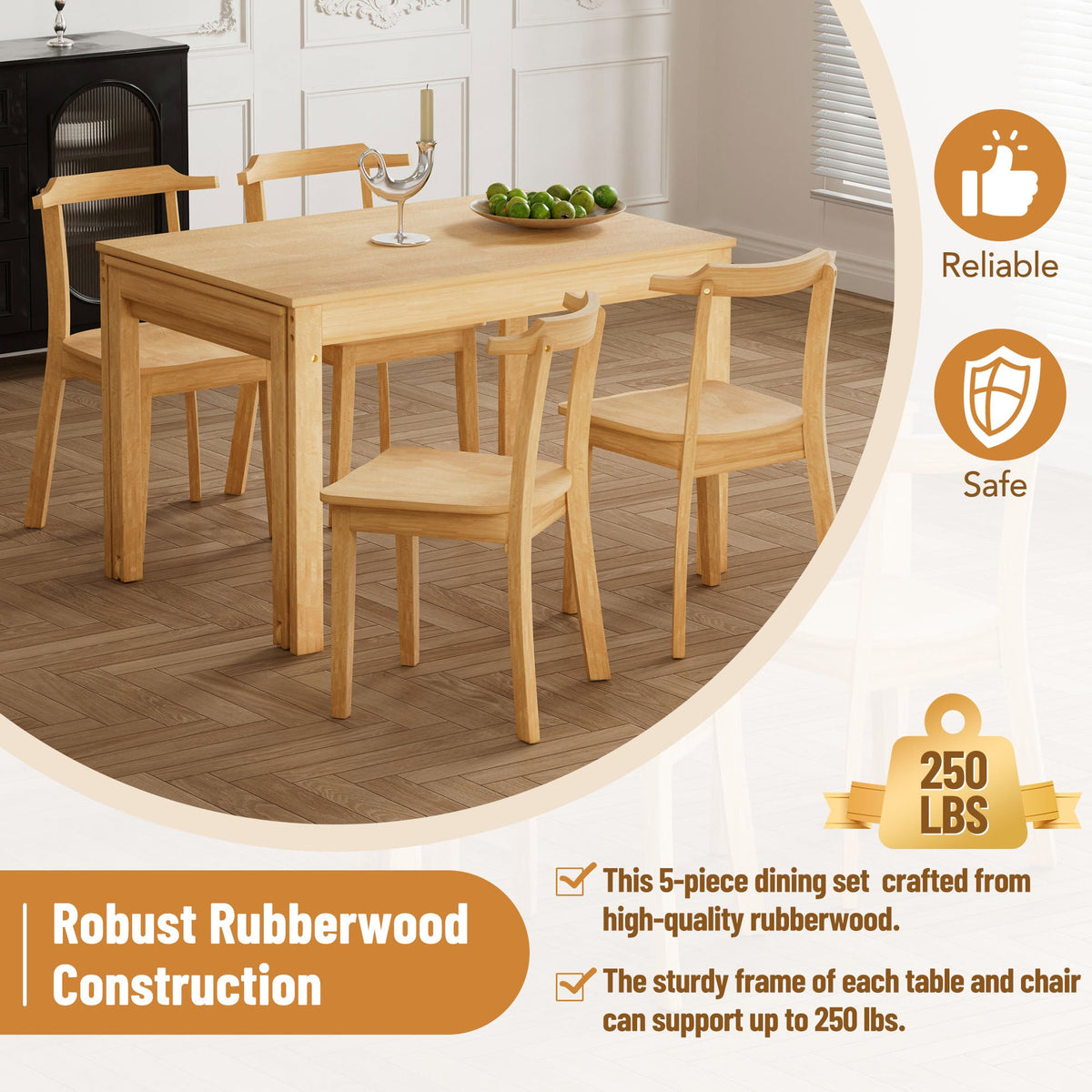 TOPMAX 65 "5-piece set with wheels, expandable dining table set, 17.7" pull-out side table and small dining chairs, natural