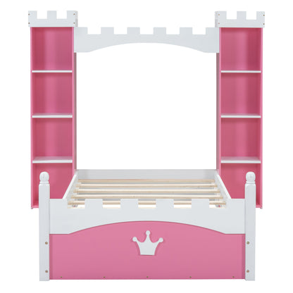 Castle-Shaped Wooden Bed with Storage Shelf, Dreamy Twin Size Platform Bed for Kids Bedroom, Pink+ White