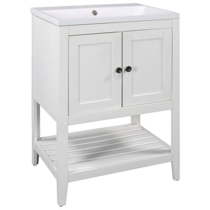 24" White Modern Sleek Bathroom Vanity Elegant Ceramic Sink with Solid Wood Frame Open Style Shelf