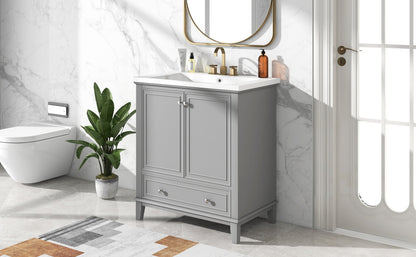 30inchgrey Bathroom Vanity with Sink ComboMulti-functional Bathroom Cabinet with Doors and Drawer Solid Frame and MDF Board