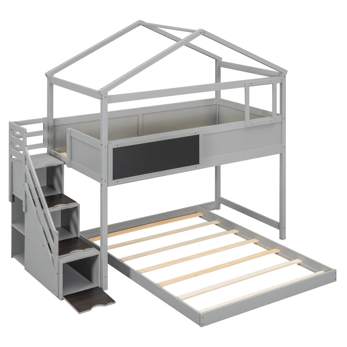 Twin over Full House Bunk Bed with Storage Staircase and Blackboard Gray