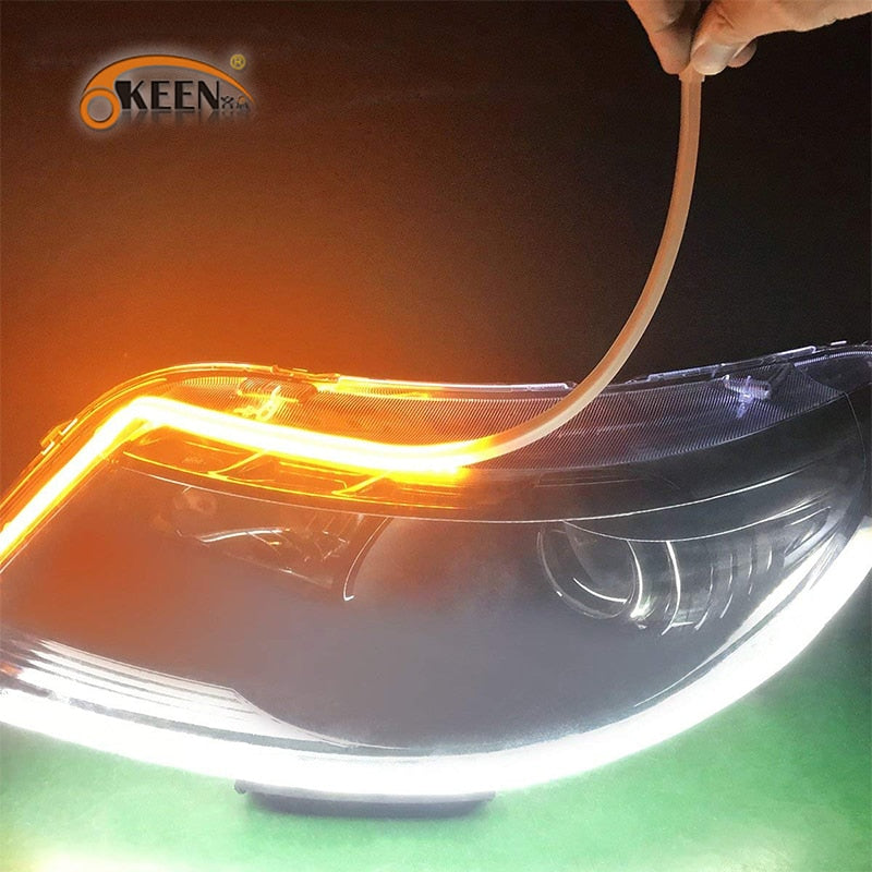 60cm New Slim Amber Sequential Flexible LED DRL For Headlight Strip Daytime Running Light With Yellow Turn Signal Lamp 12V