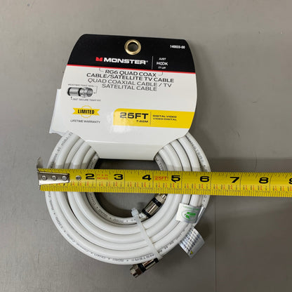 MONSTER RG6 Quad Coax Satellite Tv Cable 25ft White 140033-00