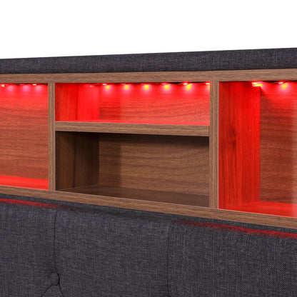 Queen Size Upholstered Platform Bed with Storage Headboard, LED, USB Charging and 2 Drawers Dark Gray