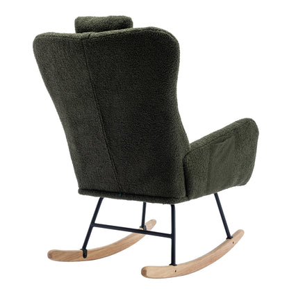 35.5-inch soft Teddy fabric rocking chair with pockets, comfortable wing straps, secure solid wood base (dark green)