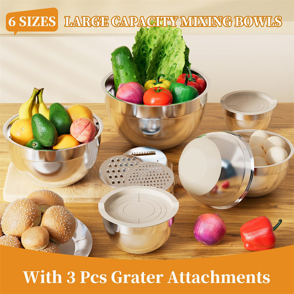 Stainless Steel Mixing Bowl with Lid, Thickened, Multi-functional: Beating, Grating, Stirring, Baking, Salad, Dough Making