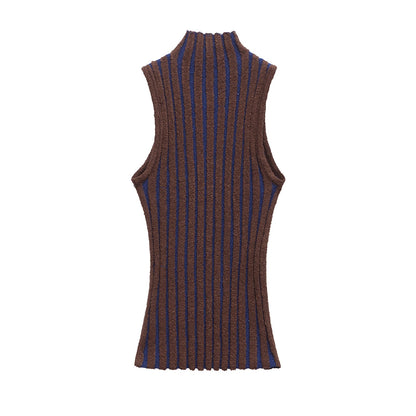 Half high neck sleeveless slim knit sweater for women
