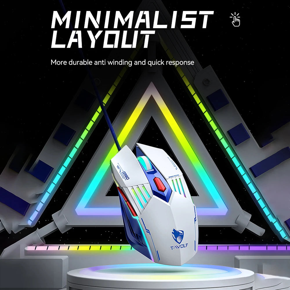T-WOLF TF610 Keyboard and Mouse Game Keyboard and Mouse Set Mech Style Wired Esports Double Color White and Blue