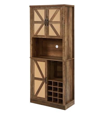 76-Inch Tall Rustic Oak Color Farmhouse Kitchen Faux Rattan Wine Cabinet, Kitchen Bar Cabinet with Square Compartments