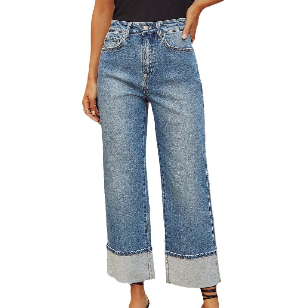 Straight leg jeans women's retro rolled edge high waisted pants