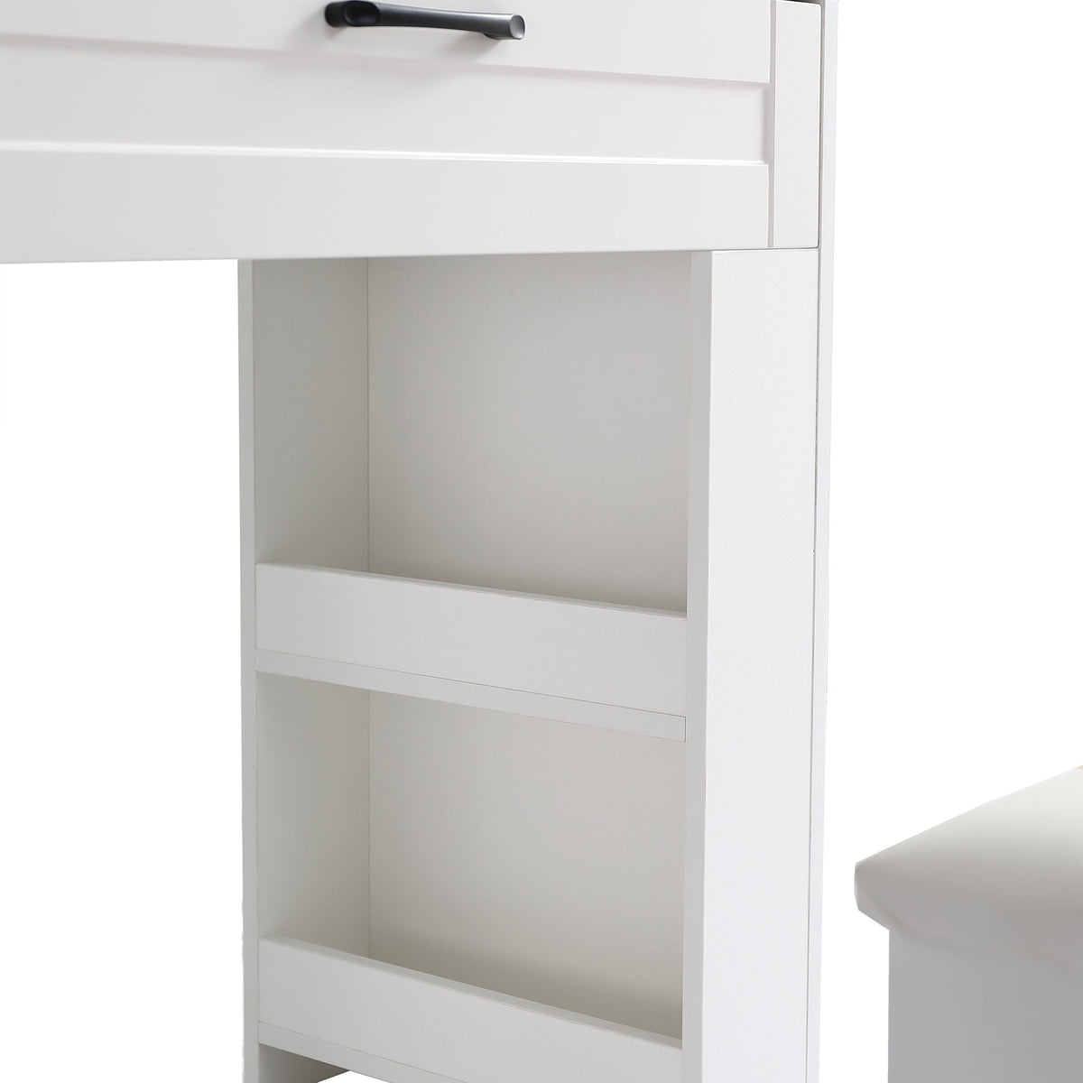 Vanity table with large sliding lighted mirror dressing table with 2 drawers storage shelves and upholstered stool white color