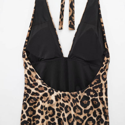 Leopard print halter neck one-piece swimsuit for women