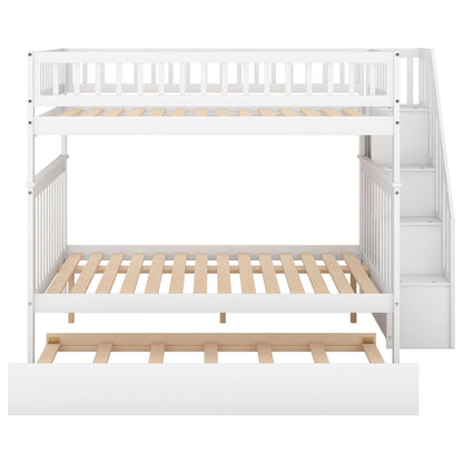 Full over Full Bunk Bed with Trundle and Staircase White