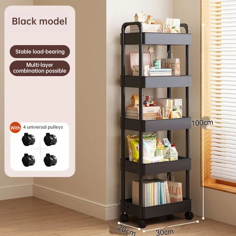 White rolling storage cart. Multifunctional, open shelves for books, ideal for kitchen & bedroom storage