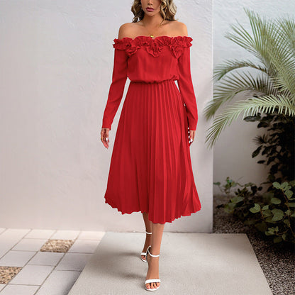 One-Shoulder Long Sleeve Solid Color Women's Dress