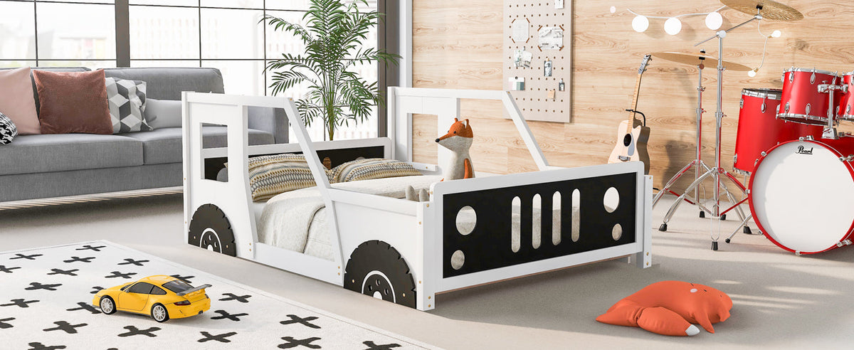 Full Size Classic Car-Shaped Platform Bed with Wheels White