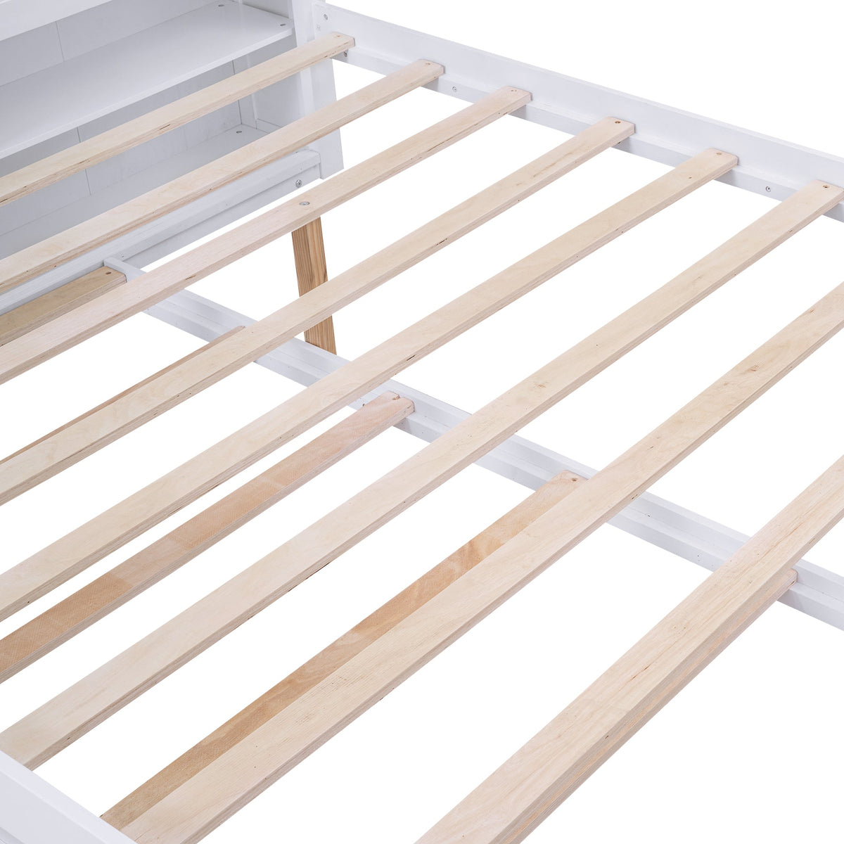 Queen Size Storage Platform Bed with Pull Out Shelves and Twin XL Size Trundle  White