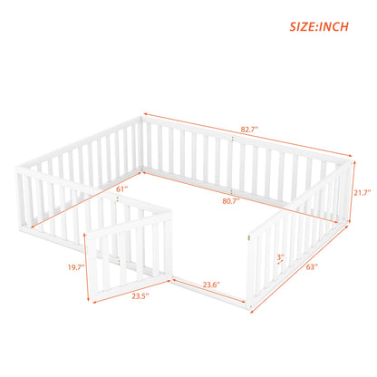 Queen Size Wood Floor Bed Frame with Fence and Door White(OLD SKU:WF289663AAK)