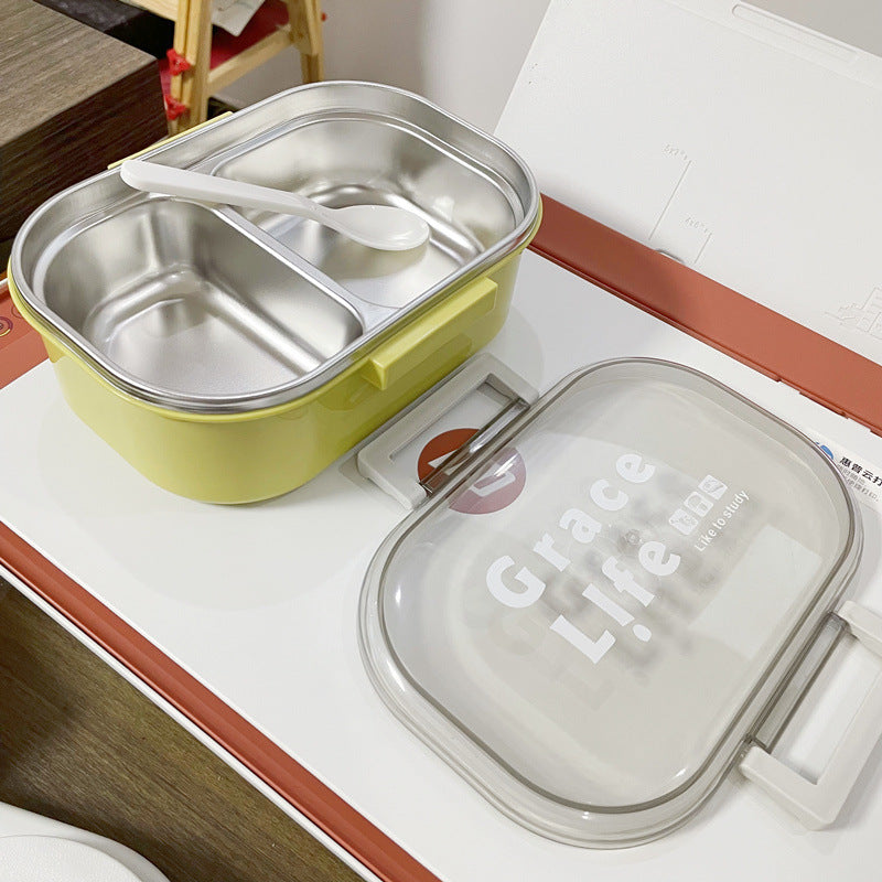 Korean style simple stainless steel two compartment lunch box with cutlery