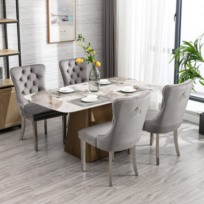 High end tufted solid wood velvet soft cushion dining chair chrome plated leg nail decoration gray and chrome two-piece set