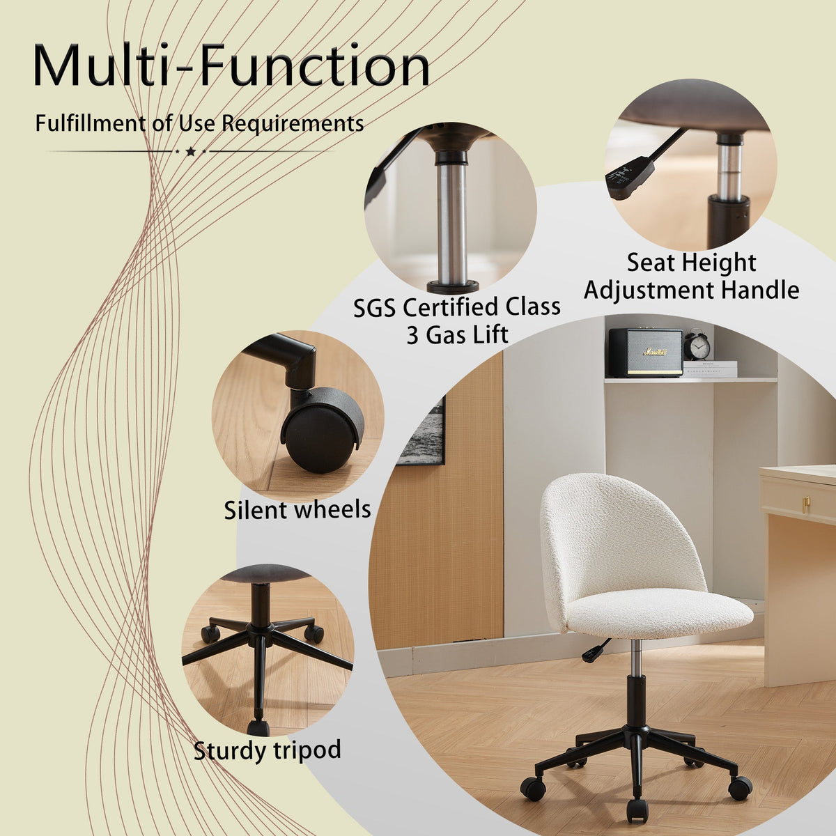Velvet fabric office chair, mid back adjustable rotating computer chair, black legs, cushioned office chair with wheels ，White