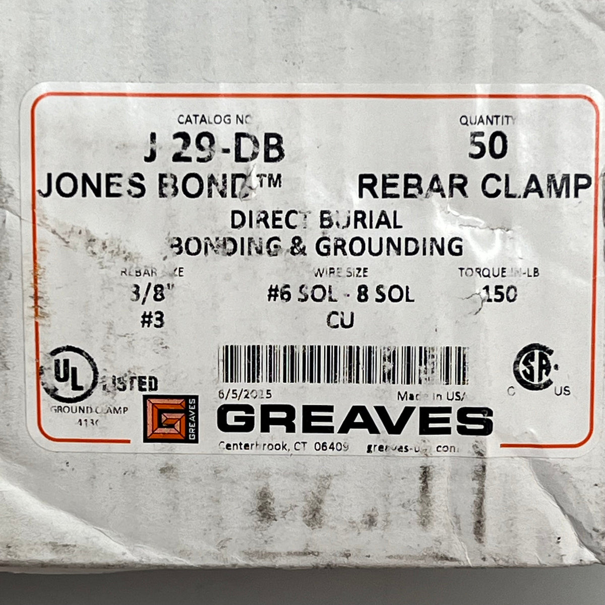 GREAVES (5 PACK) Jones Direct Burial Rebar Clamp Copper Only (#3) 3/8" J29-DB