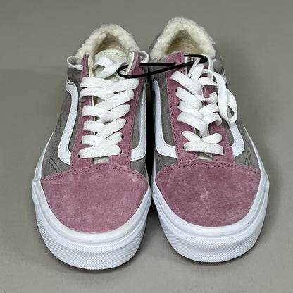 VANS Old Skool Leather & Pig Suede Sherpa Sneakers Womens 5.5 Mens 4.0 Pink Grey