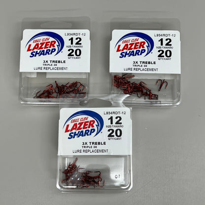 EAGLE CLAW (3 PACK) 3X Treble Regular Round Bend Hook Red #12 20pc L934RDT-12