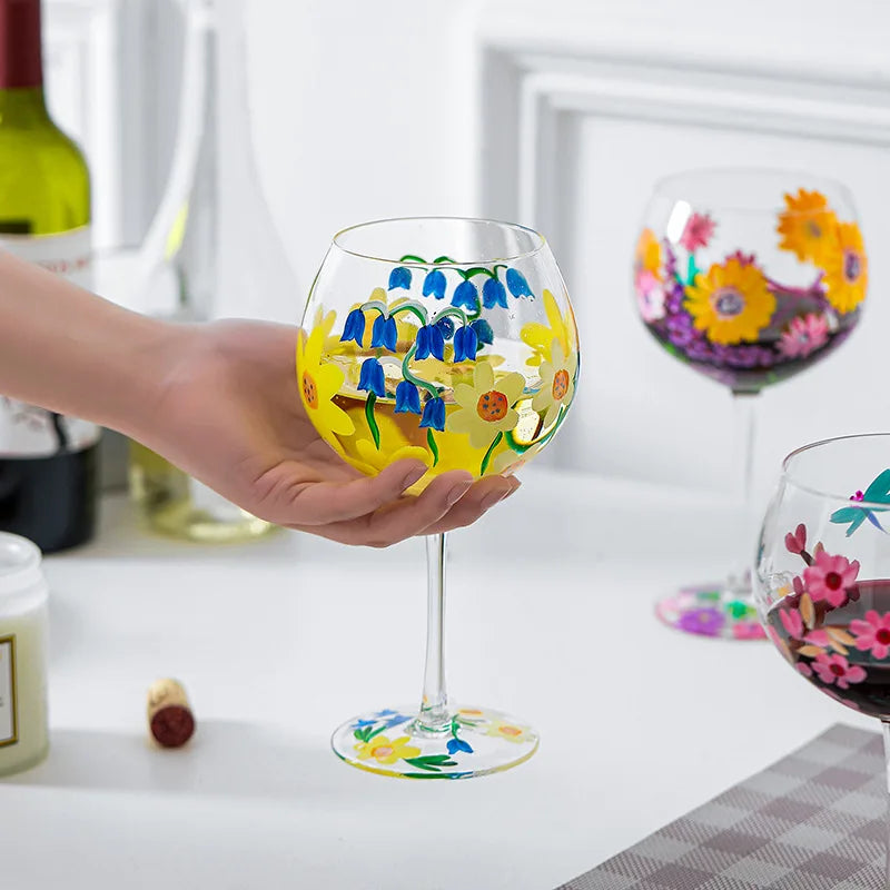 Nordic Colored Glass Wine Glasses Creative Hand-Painted Flowers Wine Glass Household Painted Goblet Crystal Champagne Drinkware