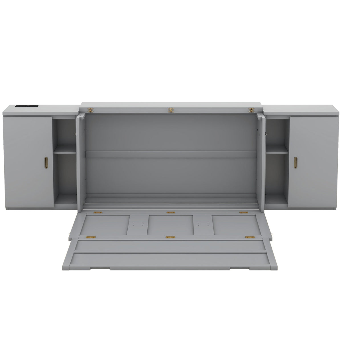 Queen Size Murphy Bed with Shelves, Cabinets and USB Ports,Gray