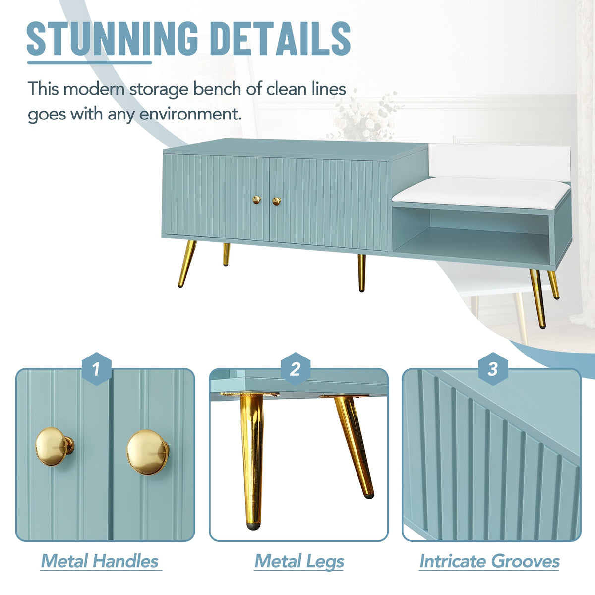 Modern Shoe Storage Bench with Hidden Storage and Upholstered Cushions for Bedside, Living Room and Entryway (Tiffany Blue)