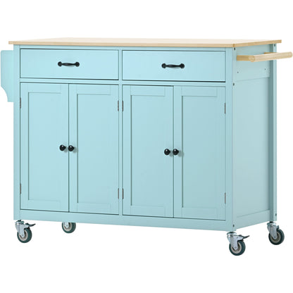 Kitchen Island Cart with 4 Door Cabinet and Two Drawers and 2 Locking Wheels - Solid Wood Top (Mint Green)