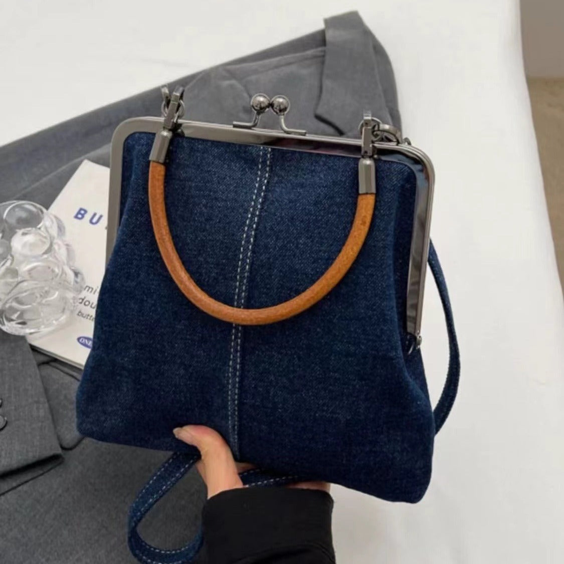 Small handbag women's handbag handmade denim splicing hand-held crossbody bag single shoulder bag small shoulder bag