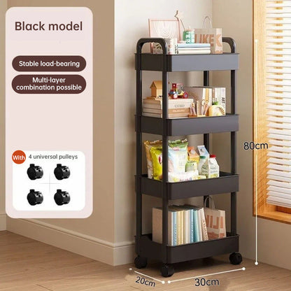 White rolling storage cart. Multifunctional, open shelves for books, ideal for kitchen & bedroom storage