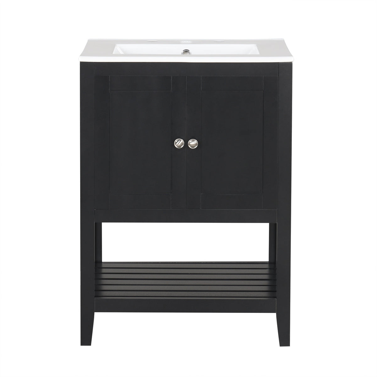 24" Black Modern Sleek Bathroom Vanity Elegant Ceramic Sink with Solid Wood Frame Open Style Shelf