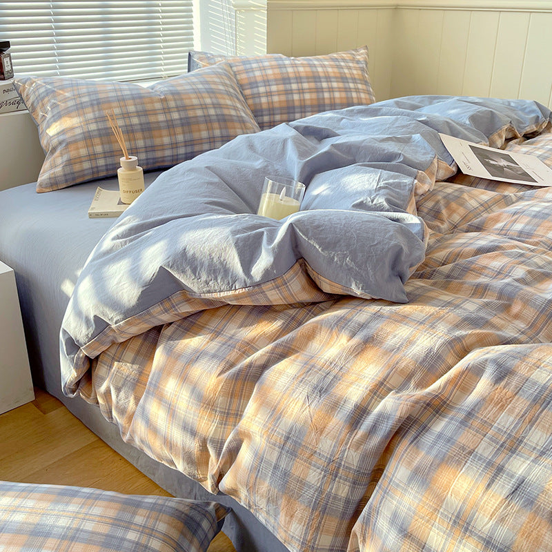 Cotton Dyed Washed Cotton Bedding Set Pure Cotton A Class Flat Sheet Quilt Cover Fitted Sheet Quilt Cover Three-Piece Set Striped