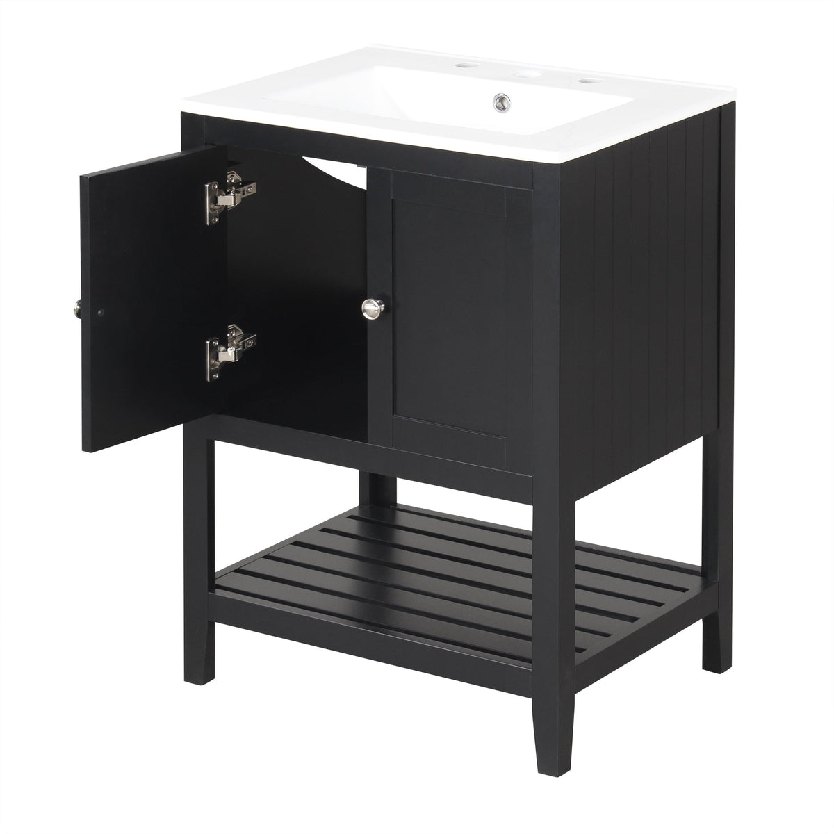 24" Black Modern Sleek Bathroom Vanity Elegant Ceramic Sink with Solid Wood Frame Open Style Shelf
