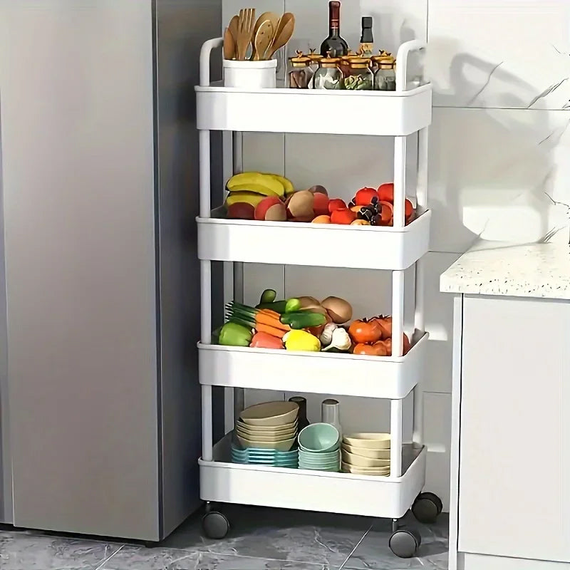 White rolling storage cart. Multifunctional, open shelves for books, ideal for kitchen & bedroom storage
