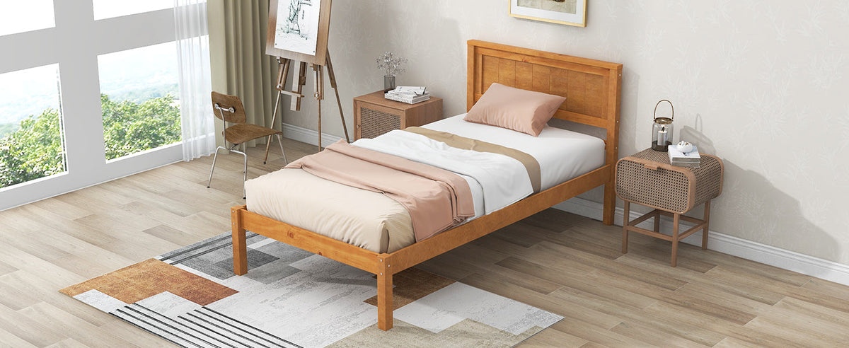 Platform Bed Frame with Headboard  Wood Slat Support  No Box Spring Needed Twin Oak