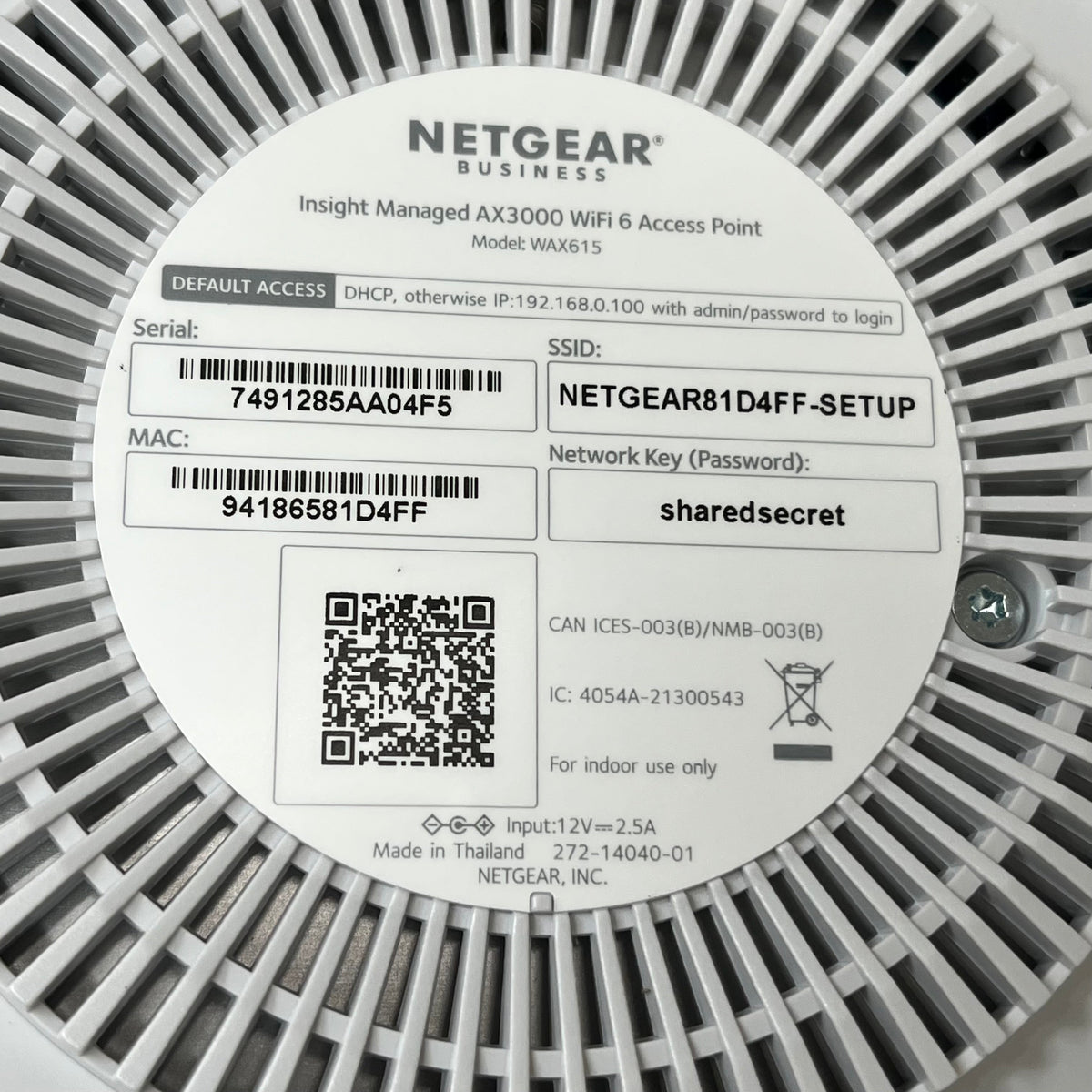 NETGEAR Dual Band PoE Multi-Gig Insight Managed WiFi 6Access Point WAX615-100CNS