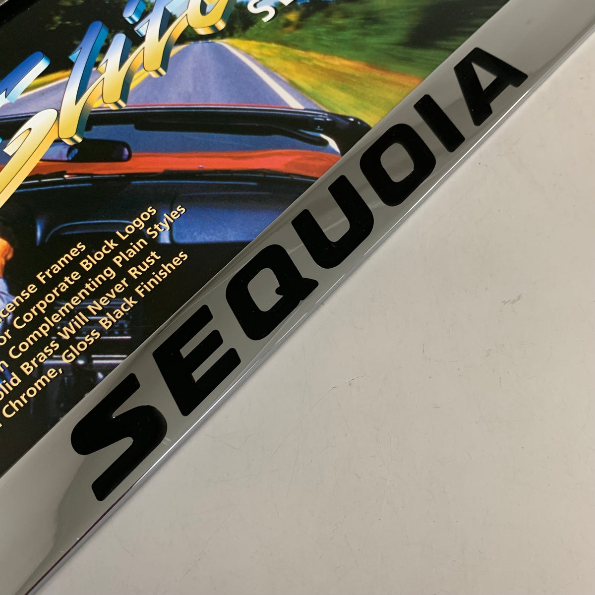 ELITE AUTOMOTIVE PRODUCTS Sequia Emblem Solid Brass License Plate Frame Chrome