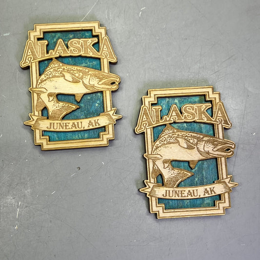 (2 PACK) Trout Fish Laser Cut Wood Magnet Souvenir From JUNEAU, AK Made In USA