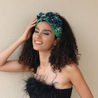 Solid color fabric flower oversized wide edged crystal headband
