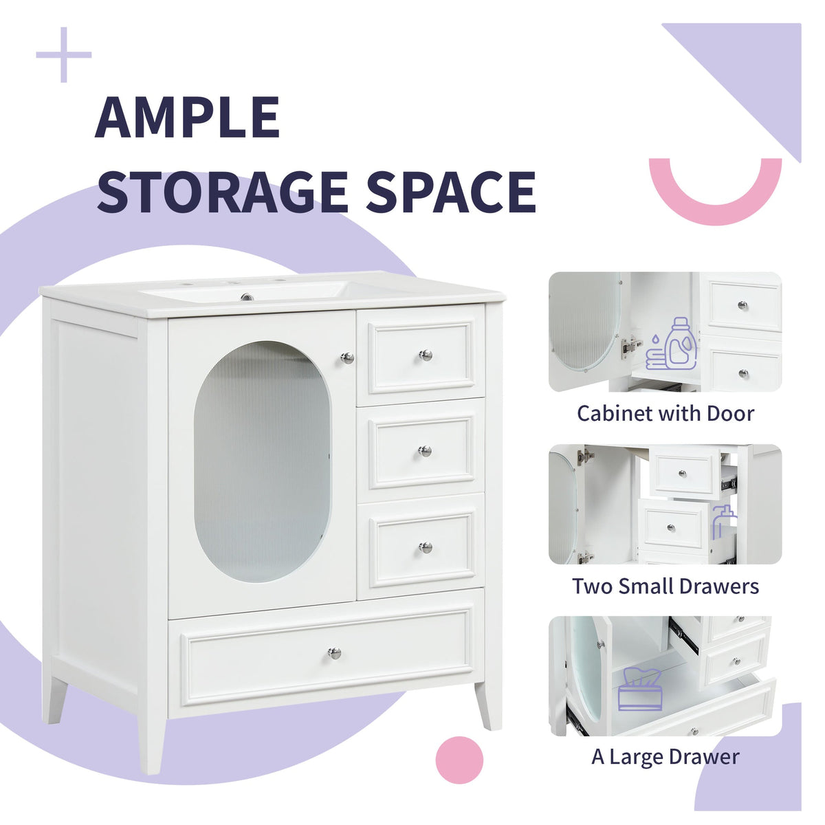 30" Bathroom Vanity with Sink, Bathroom Vanity Cabinet with Three Drawers and Door, Solid Wood and MDF, White