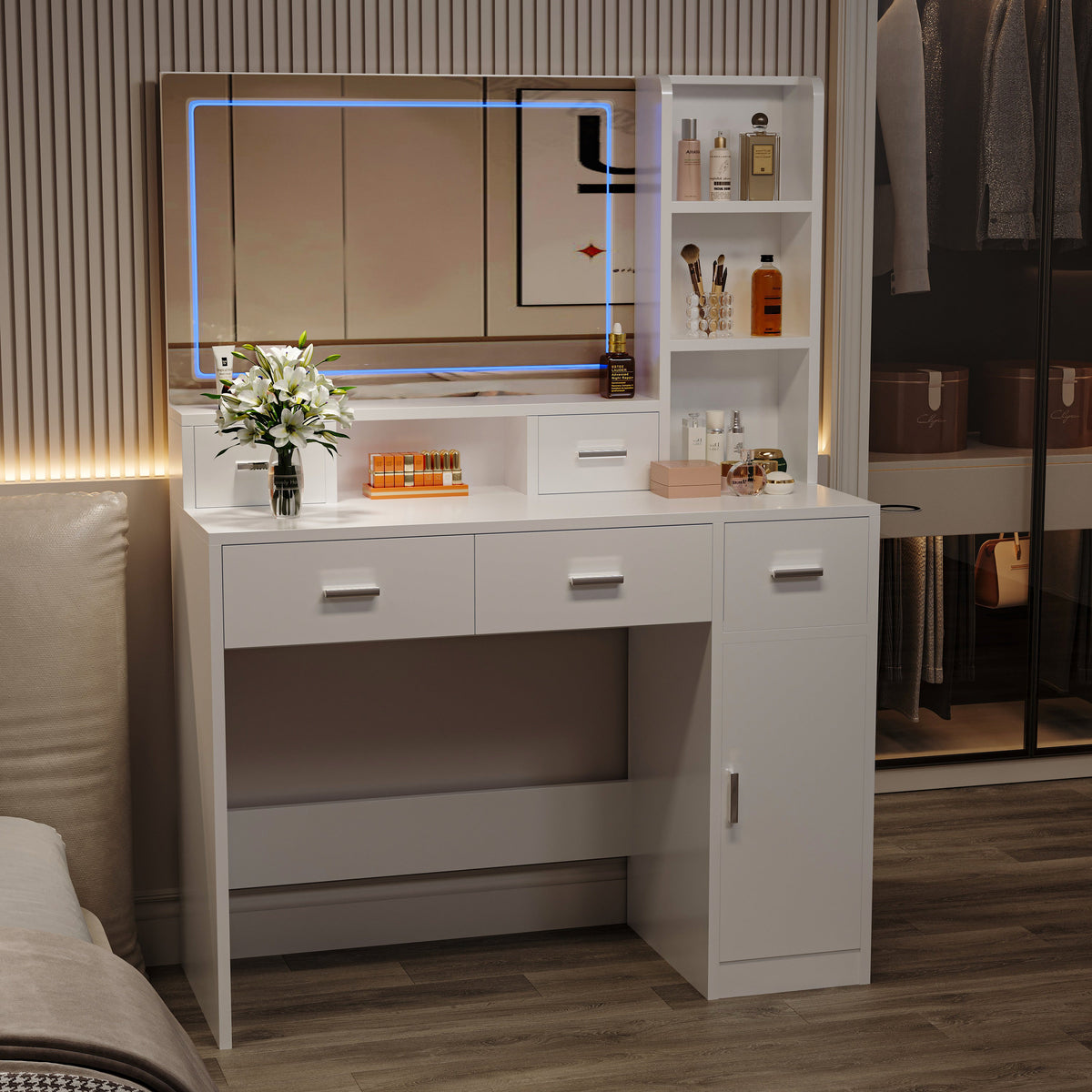 Smart mirror dressing table with drawers and storage cabinets