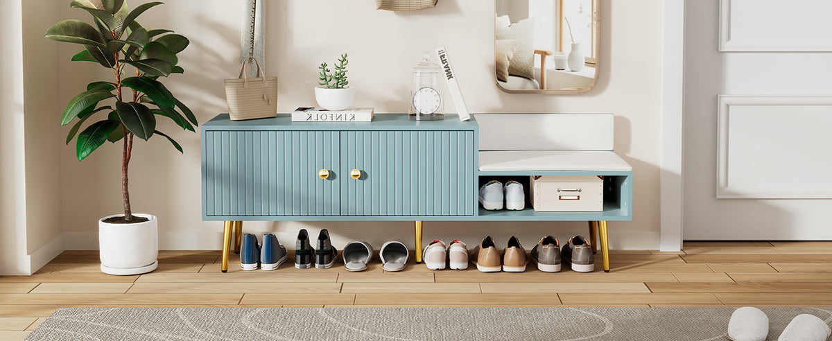Modern Shoe Storage Bench with Hidden Storage and Upholstered Cushions for Bedside, Living Room and Entryway (Tiffany Blue)