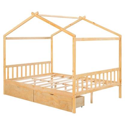 Full Size House Platform Bed with Two Drawers,Headboard and Footboard Roof Design Natural