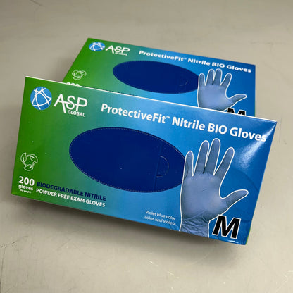 ASP GLOBAL (2 Pack, 200 Each) Protective Fit Nitrile Bio Powder Free Gloves Medium Blue