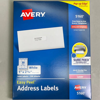 AVERY Easy Peel Sure Feed Address Labels 30 Sheet 1"x 2-5/8" Adhesive White 5160